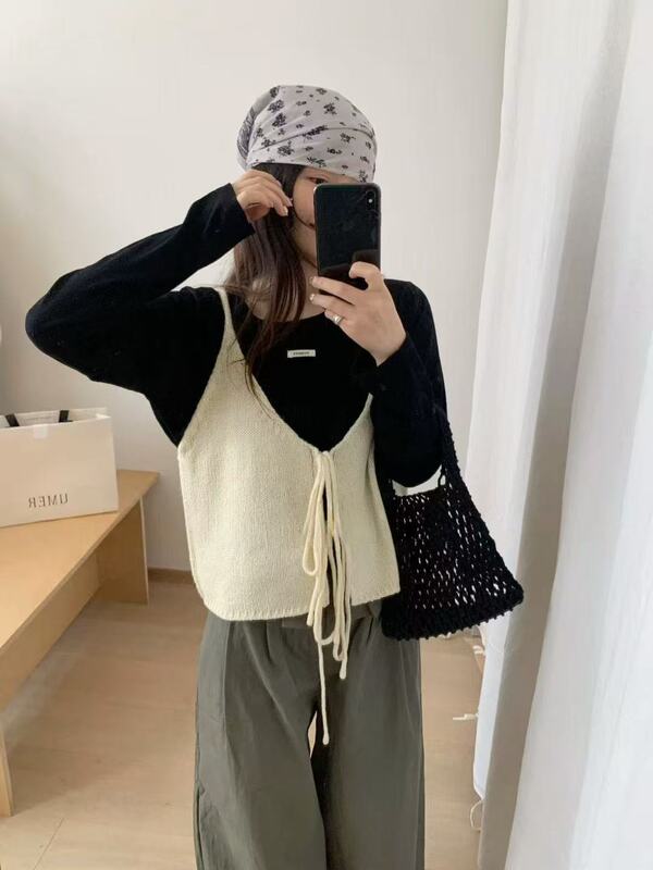 正反两穿韩系双V领绑带针织开衫马甲女2025秋季休闲吊带背心外搭|undefined