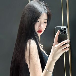Wig Women's Long Hair with Eight-character Bangs in Black Long Straight Hair Wig Cover Natural Fluffy Full-hair Full-head Cover