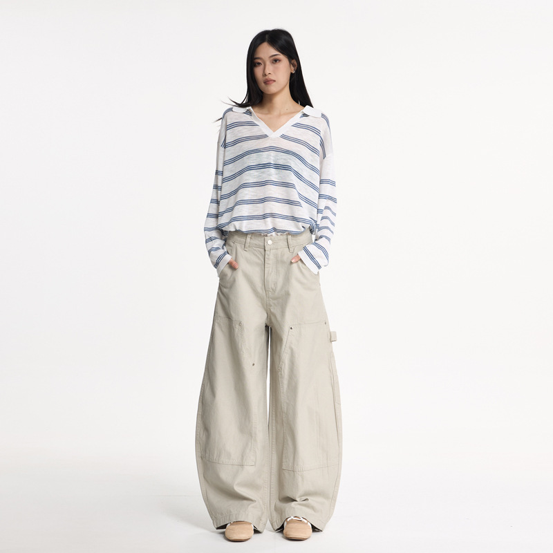 Orange Silk Women's Clothing # American Light Apricot Cargo Pants for Women in Autumn Loose High Street Scimitar Wide Leg Casual Logging Pants