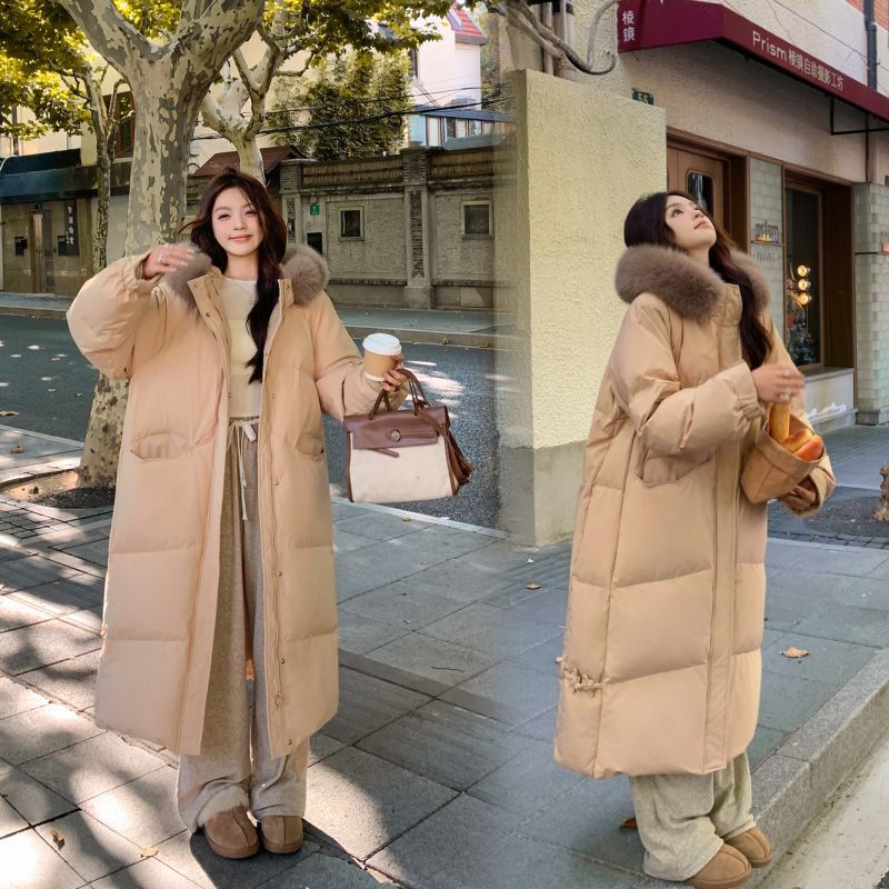 Gran abrigo de algodón de plumón largo de cuello de cabello para mujeres 2024 nuevo abrigo de algodón suelto de invierno grueso chaqueta de rodilla