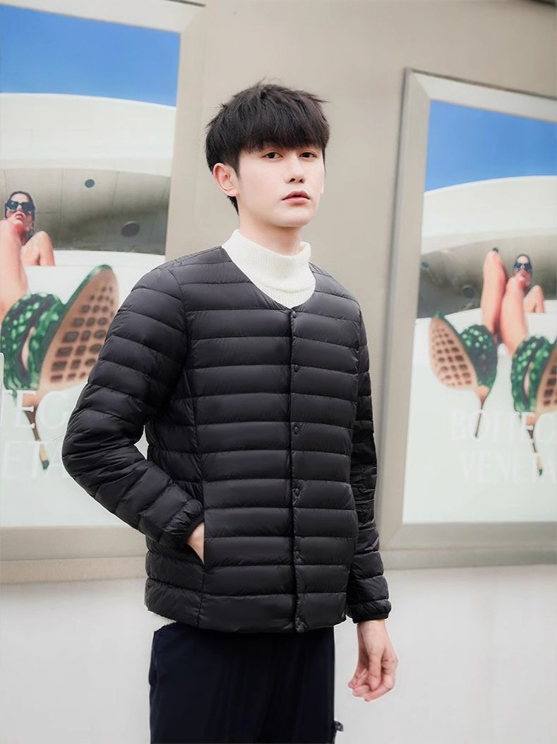 Transfronterizo Tik Tok nuevo chaqueta de pluma ligera hombre sin cuello calentador interior de cuello redondo grande vestir chaqueta de cuello V