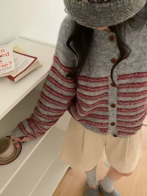 韩系羊驼绒休闲慵懒风条纹针织开衫女2025秋冬季新款早秋毛衣外套|undefined
