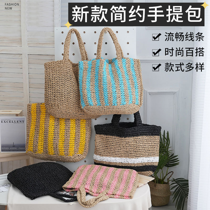 Nueva playa tejida bolsa de viaje de las niñas bolso de mano retro portátil bolsa de paja de gran capacidad bolso de hombro a rayas