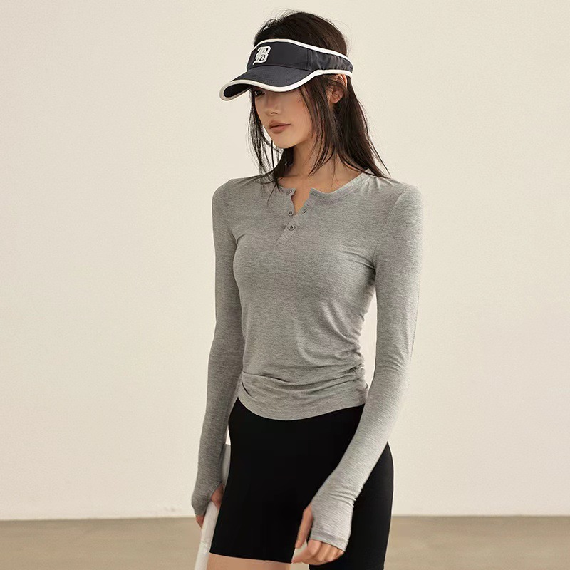 2024 New Yoga Clothing Women's Long-Sleeved T-Shirt Grey Slim-Fit Slimming Running Pilates Training Fitness T-Shirt