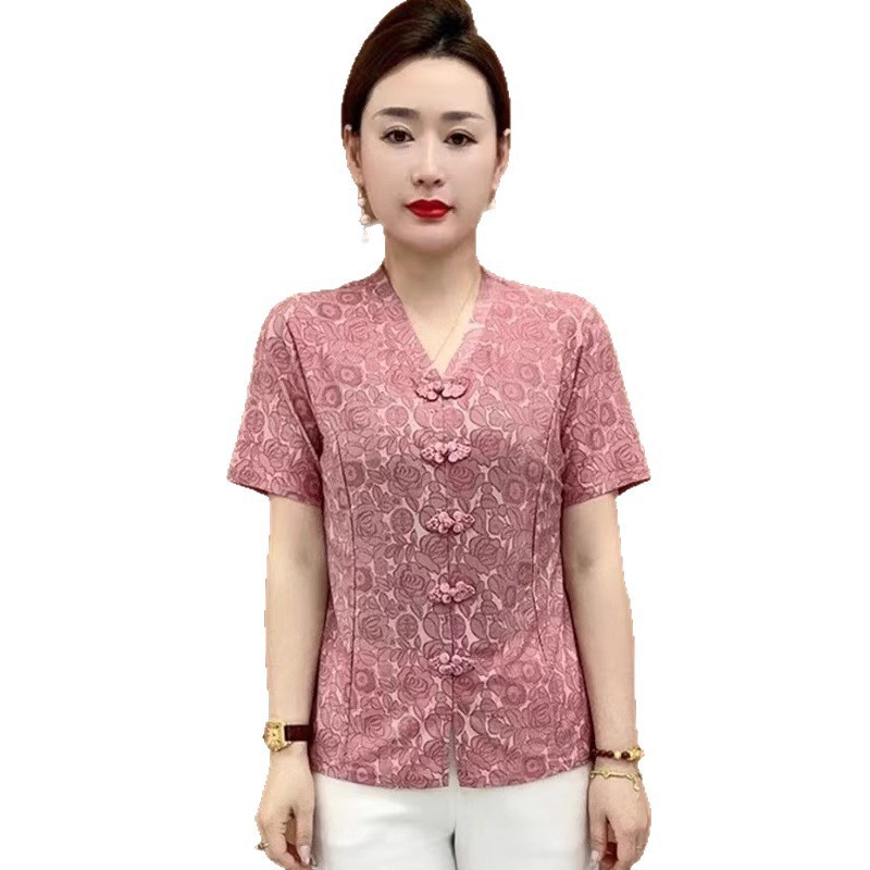 新しい中国風ママトップス婦人服夏 2025 新しい気質中高年女性のボタン付きレトロシャツ Tシャツ|undefined