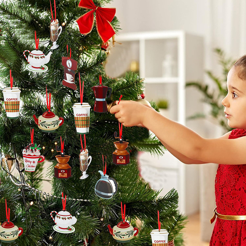 Cross-border Hot Sale 12 Pieces Christmas Coffee Cup and Tea Hanging Wooden Hanging Decoration Christmas Tree Arrangement Party Holiday Cup