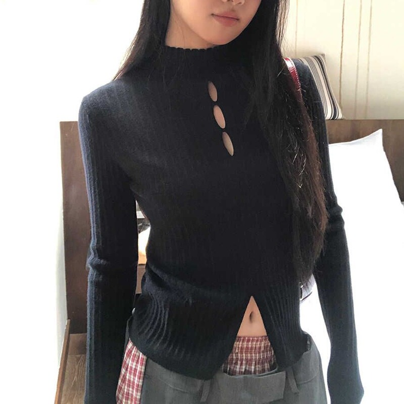 辣妹镂空黑色长袖针织衫女秋冬季新款修身显瘦内搭打底衫外穿上衣|undefined