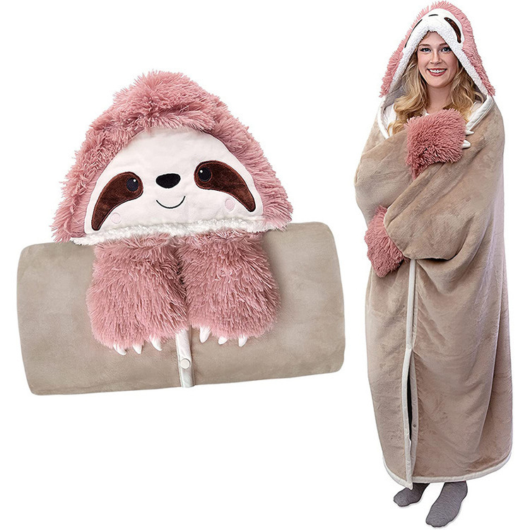 Cartoon Cute Sloth Wearable Hooded Blanket Shirt with Gloves Lamb Velvet Soft Comfortable Home TV TV Blanket