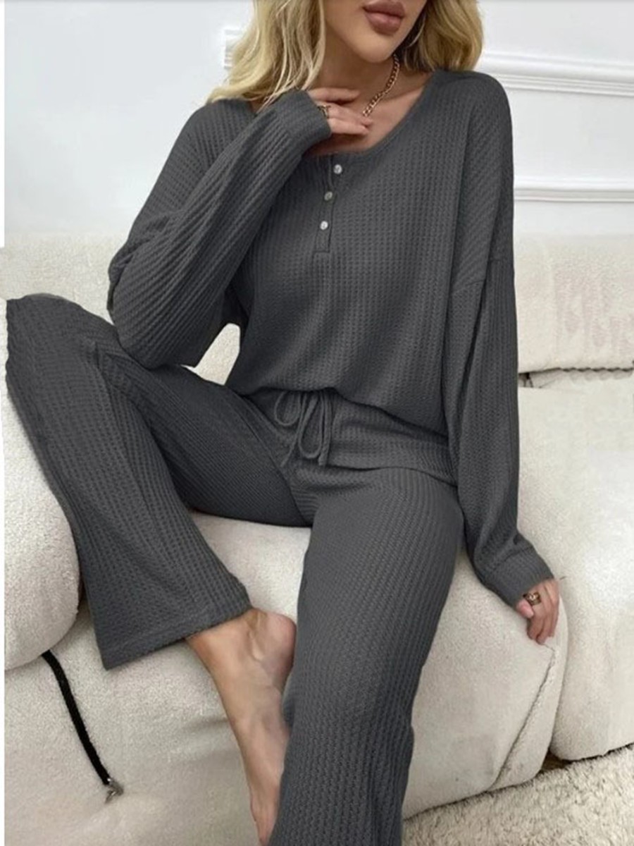 Conjunto de Ropa para Casa de Tejido Waffle para Mujer de Poliéster, Con Cordón, para Otoño image 9