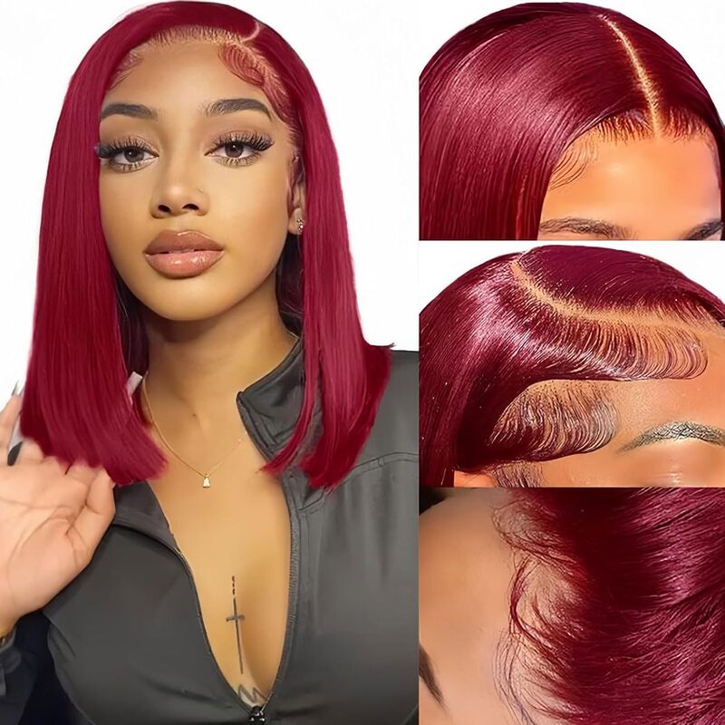 Foreign Trade 13×4 Lace Wig Bob Style 99J Real Human Hair Women's Wig Burgundy Color Factory Large Stock Available