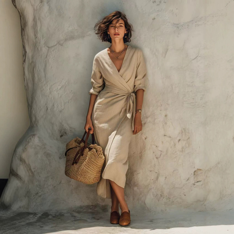 2026 Cross-Border European and American Summer New Style Women's Simple Linen Blend V-Neck Mid-Sleeve Tie Wrap Dress