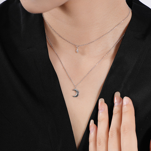 Yuanfan s925 sterling silver double layer moon necklace women's niche eight-pointed star zircon clavicle chain autumn and winter sweater chain