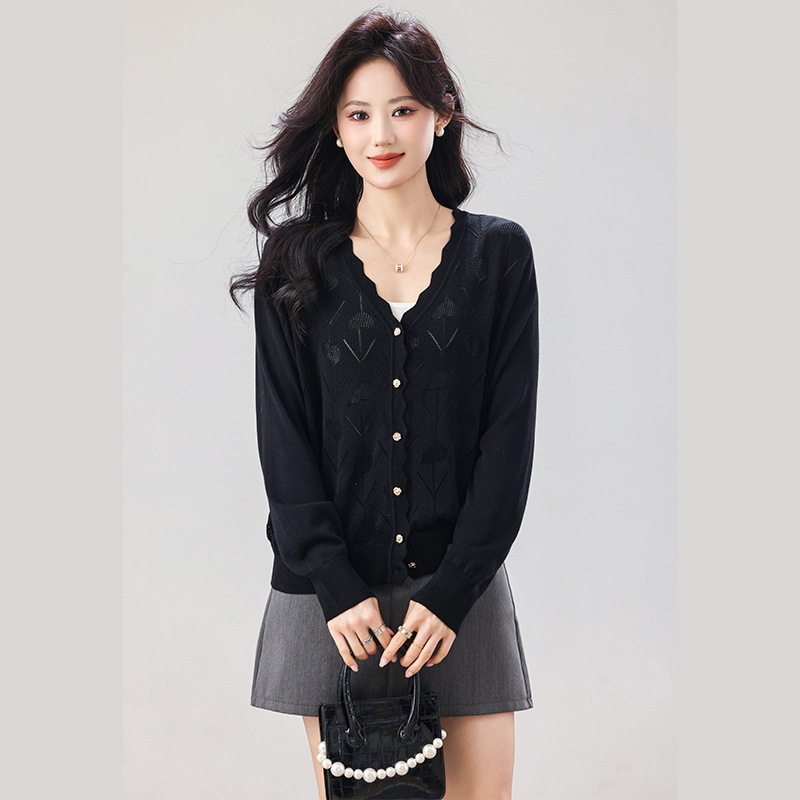 2026春季新款大码女装长袖韩版慵懒风宽松纯色镂空针织开衫毛衣女