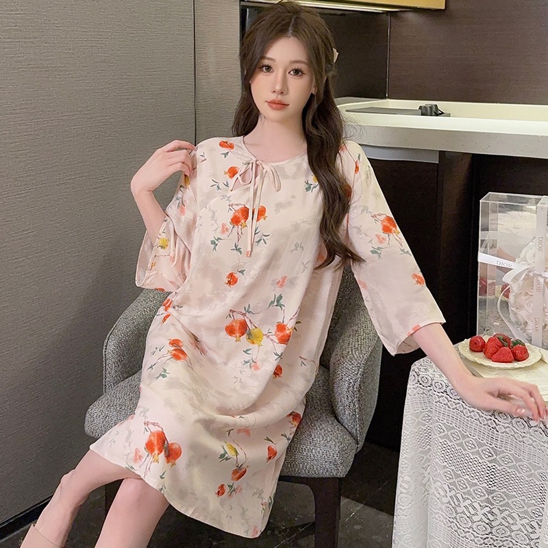 Women's cotton silk nightgown, large size, loose fit, can be worn outside, new Chinese style, summer comfortable, breathable, skin-friendly, soft, fashionable, and airy