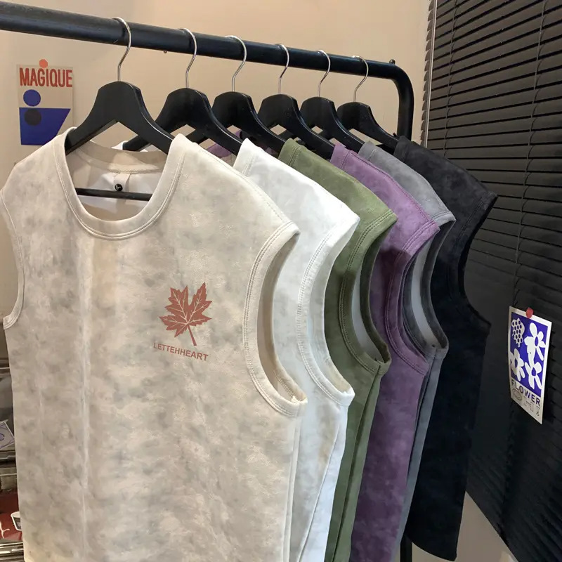 Maple Leaf Tie-Dye Sleeveless T-Shirt Men's Summer Trendy Brand Loose Sports Vest Imitation Suede Vest 2025 New Style