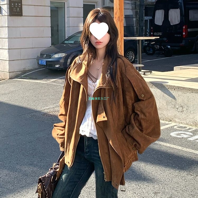 麂皮绒机车外套2025秋季复古美拉德休闲宽松慵懒翻领廓形感夹克女|undefined