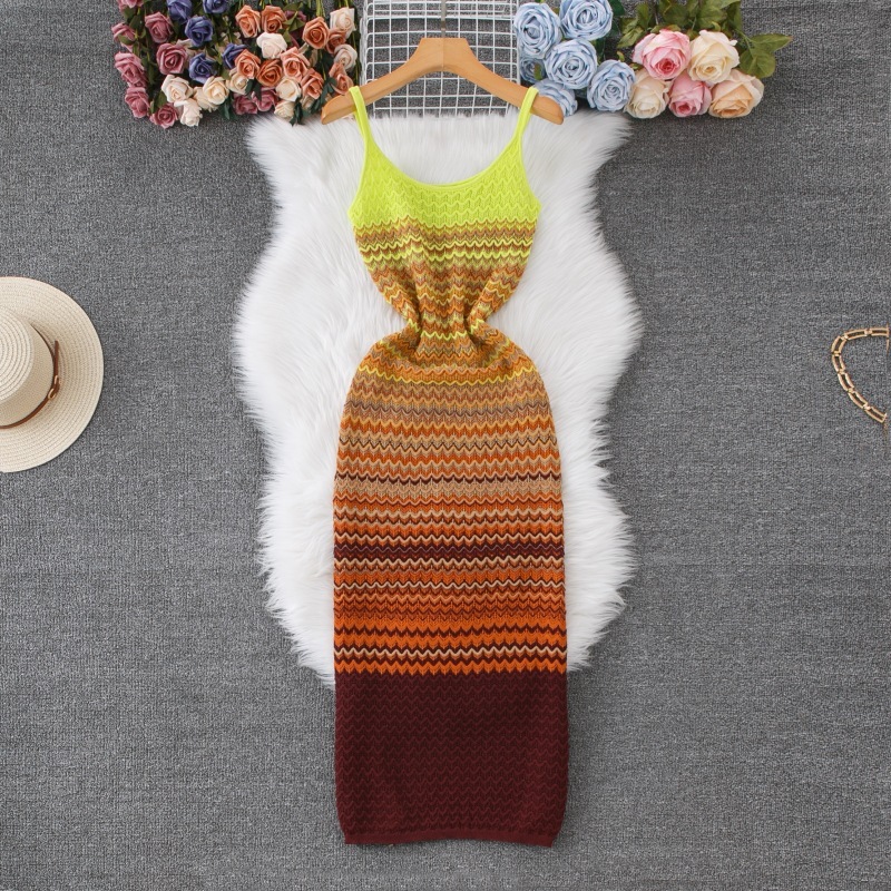French Retro Gradient Striped Knit Dress Sleeveless Slip Dress Slim Fit Waist-Cinching Slimming Sweater Dress Cross-Border