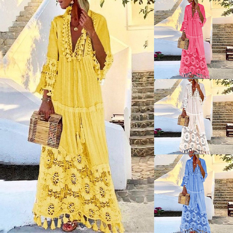 Spring and Summer 2024 European and American Long Dress Bohemian V-Neck Lace Tassel Stitching Beach Holiday Elegant dress