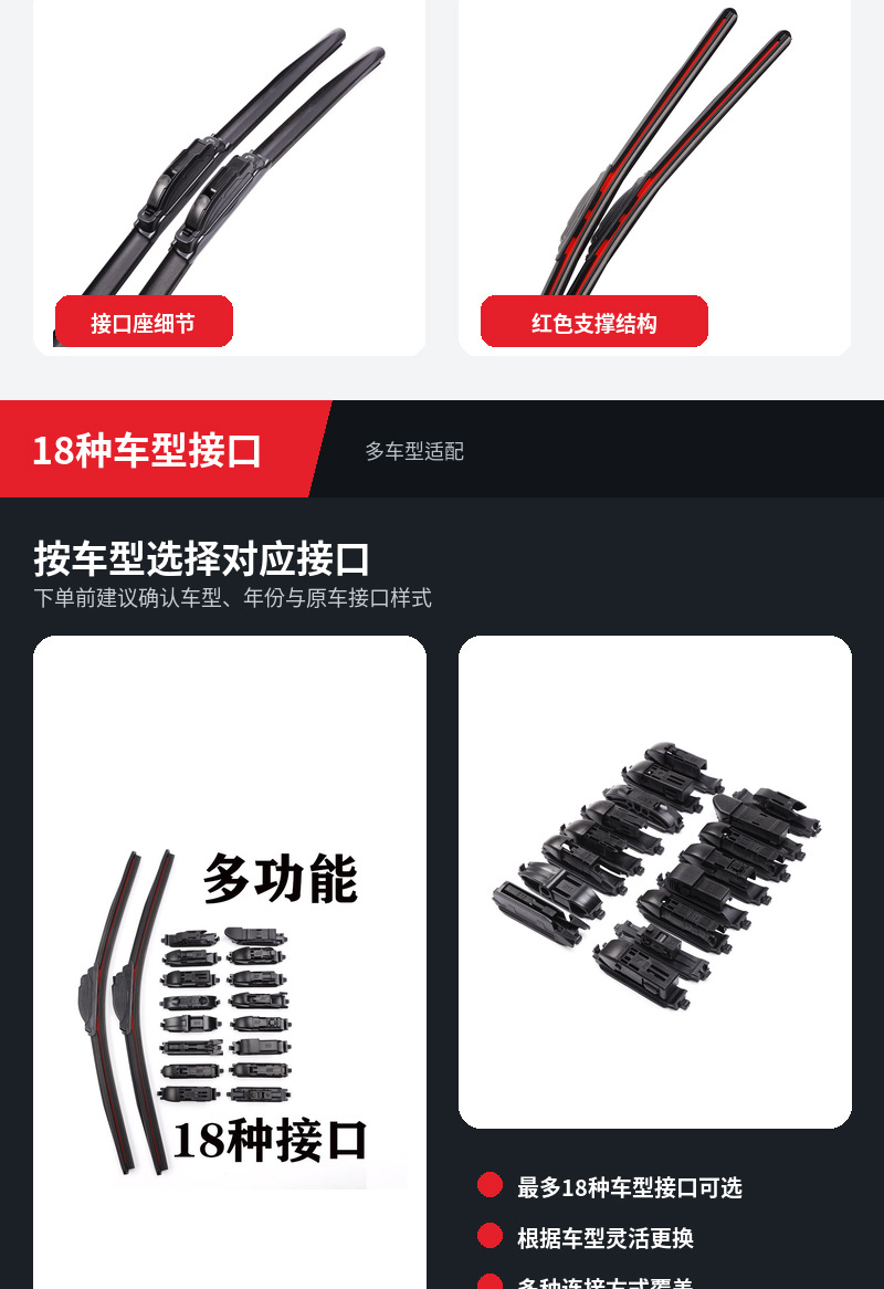 Multifunctional Wiper with Press-Type Replaceable Clip-On Wiper Blades, Replacement Connector, and Vehicle-Specific Wiper