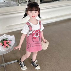 Summer Strawberry Bear Strap Dress for Girls 2024 New Baby Girl Two-Piece Casual T-Shirt Skirt Trendy
