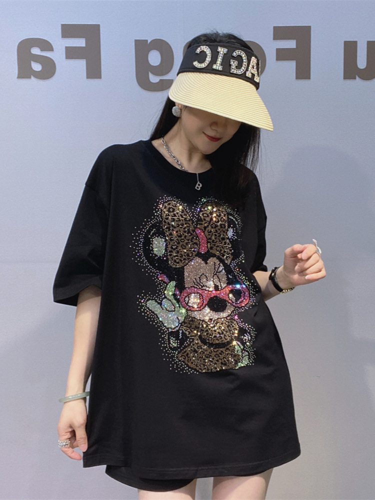 Camiseta de algodón camiseta de manga corta verano industria pesada diamante caliente marca camiseta negra mujer camiseta grande y media camiseta suelta blusa perezosa image 5