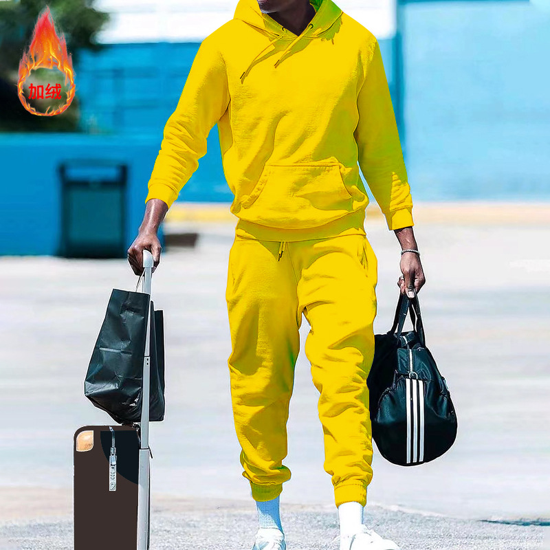 2023 estación independiente transfronteriza con capucha de lana forrada suéter de color sólido traje europeo y americano suelto casual de dos piezas ropa de hombre