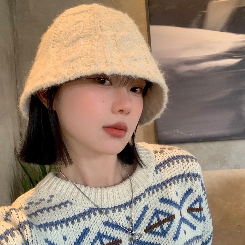 复古白色钩花针织渔夫帽女秋冬季大头围显脸小盆帽感水桶帽子|undefined