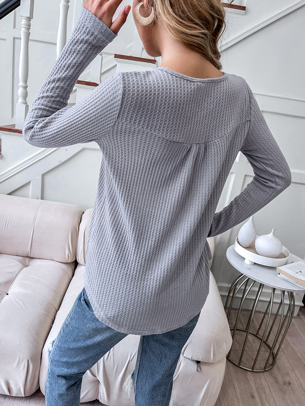 solid color round neck casual loose long-sleeved t-shirt Nihaostyles wholesale clothing vendor NSDF76443