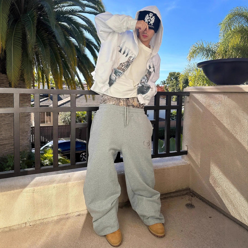 Cross-Border Aliexpress Street Fashion Pattern Embroidered Double Waist Tie Casual Straight Pants Men's Sports Casual Trousers