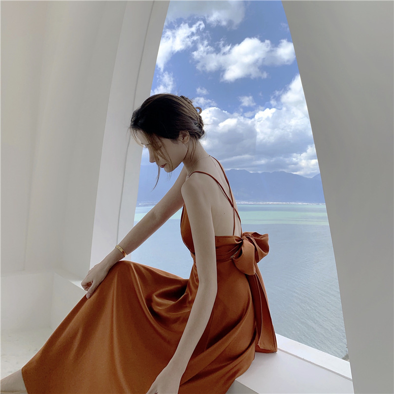 Summer Banquet Evening Dress Suspender Skirt Caramel Color Skirt Seaside Beach Skirt Sexy Backless Long Skirt Super Fairy Dress