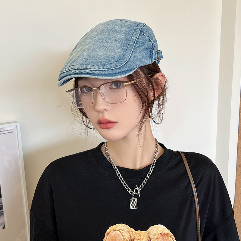 Mujeres primavera y verano muestran cara pequeña con gorra de boina de lengua de pato, gorra de vaquero coreana retro lavada con agua.