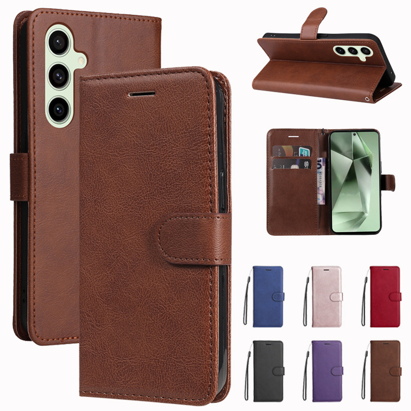 Solid Color Leather Case Suitable for Samsung S25S24Fes23Ultra Phone Case A17/A56A16 Card Holder Protective Case with Strap