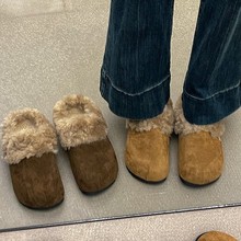 慵懒风勃肯棉拖鞋女外穿秋冬新款加绒一脚蹬毛毛包头半拖鞋潮