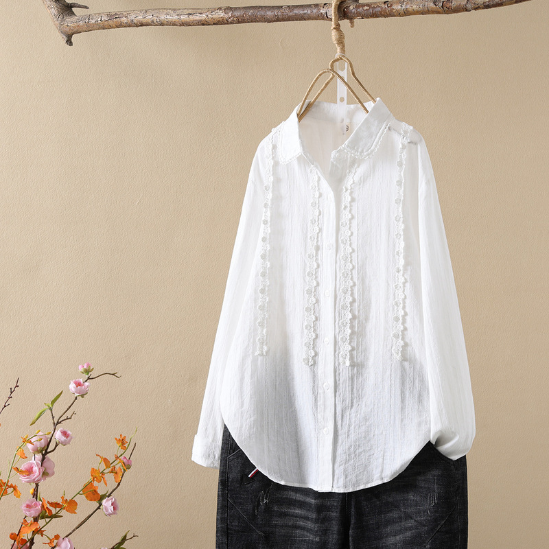 2024 Spring and Autumn New Cotton White Shirt Women's Lace Medium Public Jacquard Design Lapel Pure Cotton Shirt