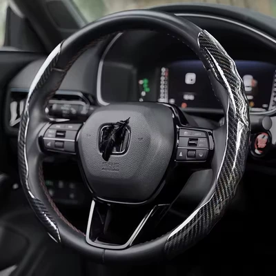 Cross-Border Best-Selling Carbon Fiber Style Anti-Glare Car Steering Wheel Cover Three-Piece Set Suitable for General Motors (Steering wheel cover) - 2-groove-buckle-wavy-glossy-film-black-2-pack-38cm