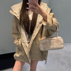 欧货高级风衣女小个子2025春秋季新款连帽宽松时尚蕾丝拼接外套女