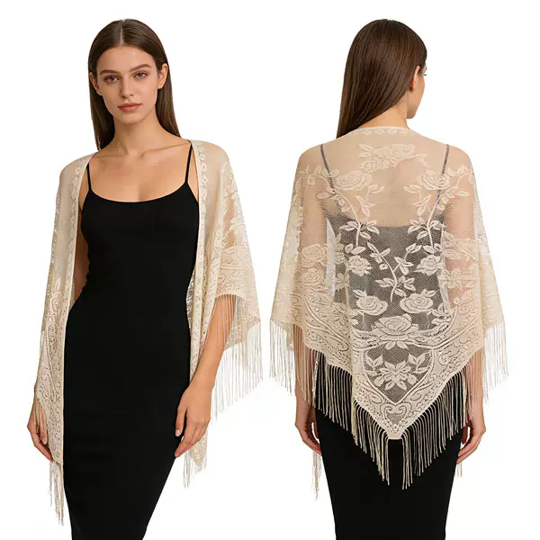 Hot-Selling New Floral Breathable Lace Triangle Scarf, Classic Polyester Tassel Fashion European and American Style Shawl for Women
