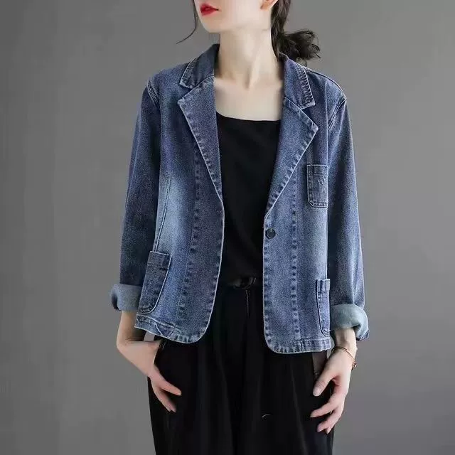 Весенне-осенняя джинсовая куртка ретро в стиле Кореи для отдыха, oversize, светло-голубой