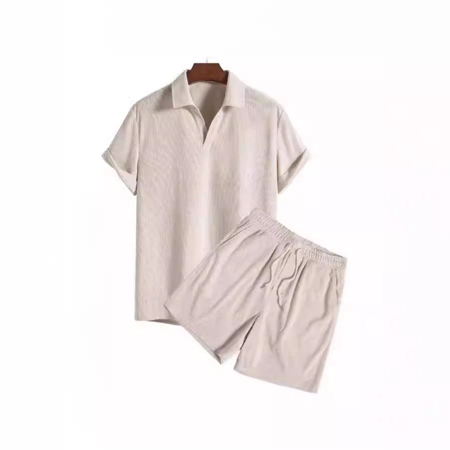 유럽과 미국의 AliExpress 대외 무역 독립 역 남성 캐주얼 느슨한 멀티 컬러 비치 착용 코듀로이 반팔 세트 투피스 세트