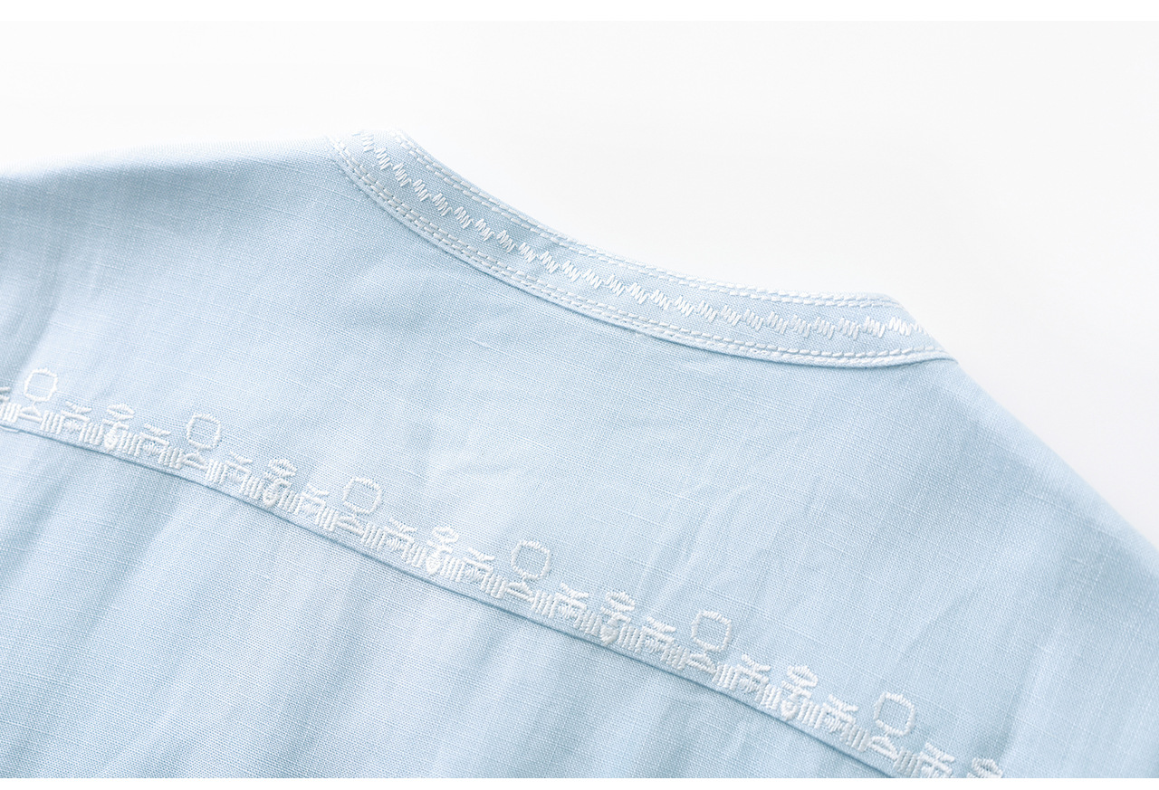 Áo sơ mi nữ chất liệu linen phối màu tay ngắn phong cách Pháp — màu xanh nhạt chi tiết 28