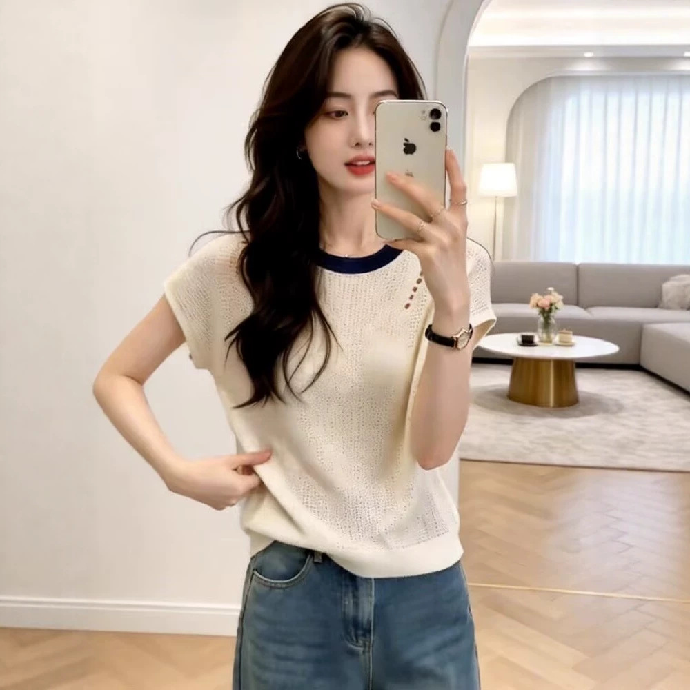 Áo thun ngắn tay nữ dệt kim lỗ rỗng chất liệu tơ băng mát lạnh — trắng chi tiết 1
