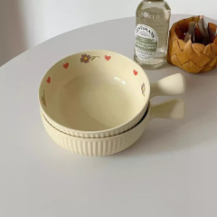 クリーム風ins風円形ハンドルボウル家庭用セラミック食器ナット粉泡ボウルスープボウル果物サラダボウル