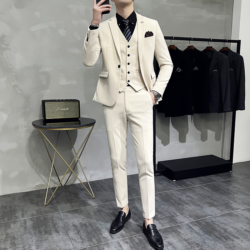 Wholesale new men's solid color suit 2025 fashion casual three-piece Korean slim-fit men's blue suit in stock Wholesale new men's solid color suit 2025 fashion casual three-piece Korean slim-fit men's blue suit in stock