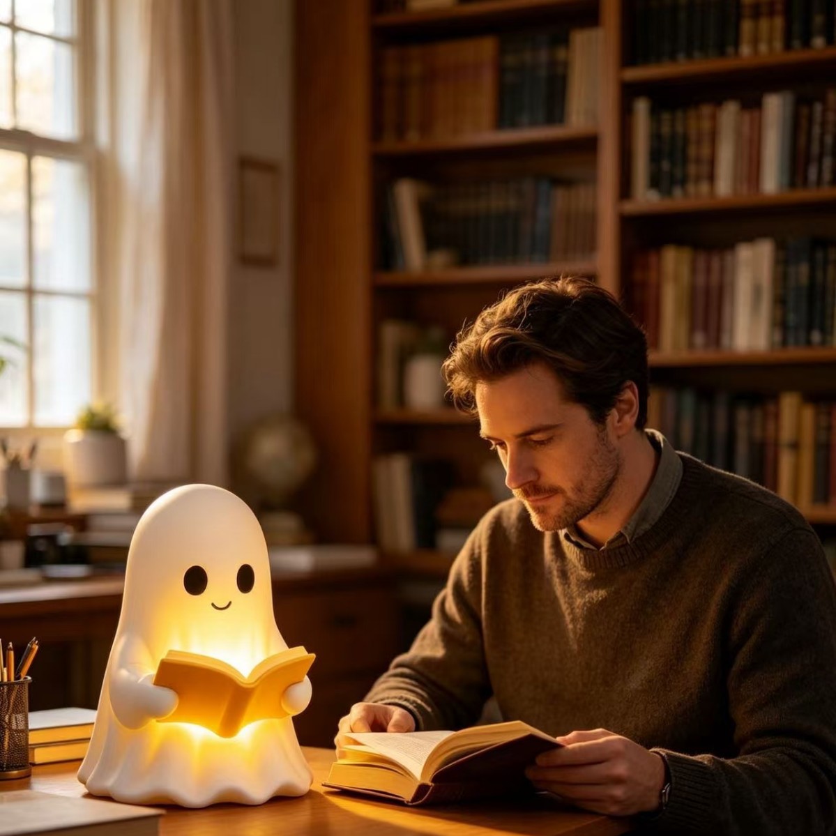 跨境亚马逊新品Cute Halloween Bedroom Decor幽灵阅读小夜灯摆件