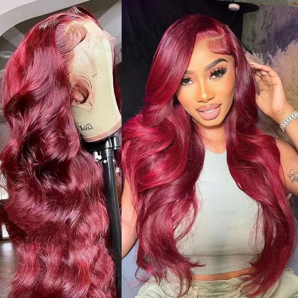 Temu Hot Sale Front Lace Wig Burgundy Big Wavy Long Curly Hair Chemical Fiber Front Lace Wig Manufacturer