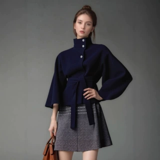 欧美女装秋冬季新款亚马逊时尚纯色斗篷立领纽扣呢子腰带风衣外套