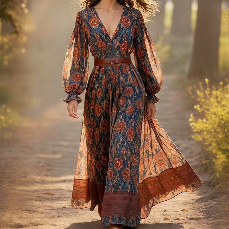 Ln1757 In-Stock Independent Brand 2026 Spring New Women's Printed Long-Sleeve Bohemian Long Dress