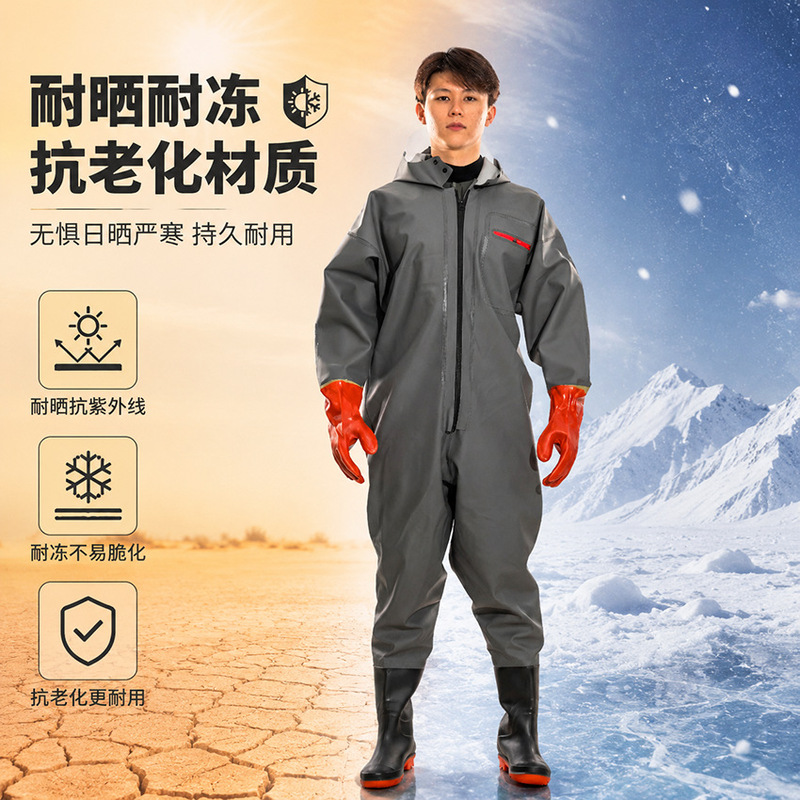 Full-body one-piece steel-plate sole anti-puncture wading pants, rubber waterproof suit for fishing, sea fishing, and pond work