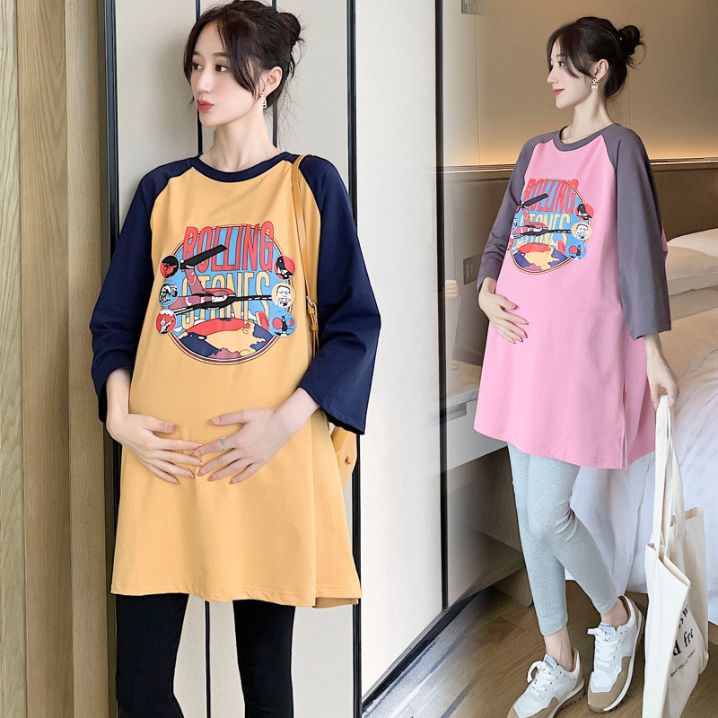 Pregnant women's spring and autumn T-shirt spot pregnant women's autumn clothing pregnant women's sweater mid-length loose long sleeve jacket autumn clothing summer tide