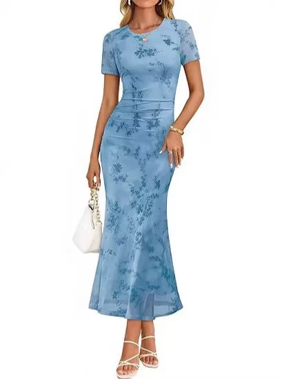 Cross-Border 2026 Amazon New European and American Style Women's Summer Floral Waist-Cinching Slim Elegant Short-Sleeve Mesh Dress
